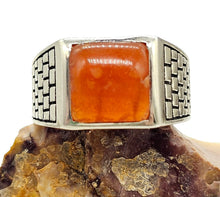 Load image into Gallery viewer, Square Signet Carnelian Ring, Size 8, Sterling Silver, Orange Gemstone, Artist's Stone, Warm Vibrant Gem, Confidence Gemstone, Masculine