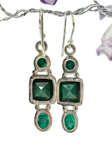 Load image into Gallery viewer, Green Emerald Earrings, May Birthstone, Three Stone Drop, Geometric Design, Inspiration Stone, Infinite Patience, Loyalty - GemzAustralia 