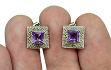 Load image into Gallery viewer, Amethyst Halo Studs, 925 Sterling Silver, Square Shaped, February Birthstone, 2.3 carats, Protection Amulet - GemzAustralia 