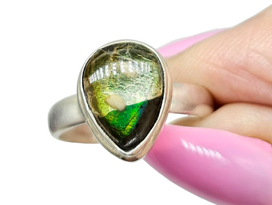 Green Ammolite Ring, Size O, Sterling Silver, Pear Shaped, Fossilized Ammonite, Opal like Gemstone, Wisdom Stone