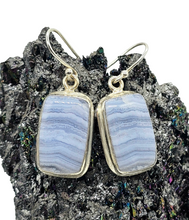 Load image into Gallery viewer, Blue Lace Agate Earrings, Rectangle Shape, Sterling Silver, Communication Stone, Confidence Stone, Gemini &amp; Pisces Zodiac Gem - GemzAustralia 