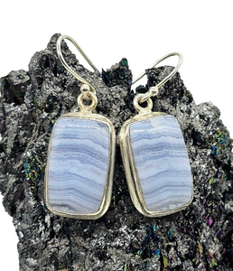 Blue Lace Agate Earrings, Rectangle Shape, Sterling Silver, Communication Stone, Confidence Stone, Gemini & Pisces Zodiac Gem - GemzAustralia 