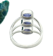 Load image into Gallery viewer, Three Stone Tanzanite Ring, Size 8, Sterling Silver, Psychic Power Stone, Meditation Stone