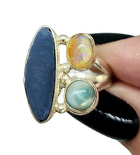 Load image into Gallery viewer, Australian Opal, Larimar &amp; African Opal Ring, Size 6, Sterling Silver, Three Stone Ring, Aura Gem, Psychic Gemstone, October Birthstone