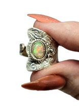 Load image into Gallery viewer, Ethiopian Opal Ring, Size 6 Adjustable, Sterling Silver, October Birthstone, Aura Stone, Psychic Gemstone, Oxidized engraving, Bohemian