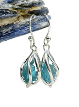 Load image into Gallery viewer, Raw Neon Blue Apatite Cage Earrings, Sterling Silver, Electric Blue Gemstone, Inspirational Stone