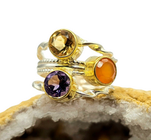Load image into Gallery viewer, Three Stone Ring, Size 7, A Fusion of Amethyst, Citrine &amp; Carnelian, Two Tone, Gold Plated Sterling Silver - GemzAustralia 