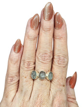Load image into Gallery viewer, Three Stone Aquamarine Ring, Size 7, Sterling Silver, March Birthstone, Pale Blue Crystal, 6 Carats