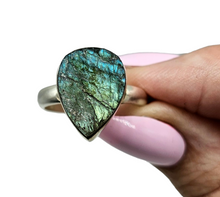 Load image into Gallery viewer, Rough Labradorite Ring, Size 9, Sterling Silver, Pear Shaped, Blue Green Labradorite, Deflects unwanted Energy - GemzAustralia 