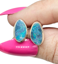 Load image into Gallery viewer, Australian Opal Studs, October Birthstone, Sterling Silver, Blue, Green &amp; Pink Opal, Doublets, Lucky Gemstone - GemzAustralia 