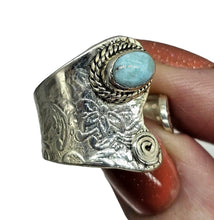 Load image into Gallery viewer, Floral engraved Larimar Ring, Adjustable, Sterling Silver, Stone of Atlantis, Dolphin Stone, Water &amp; Fire Stone