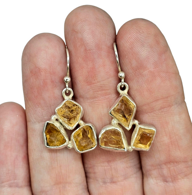 Raw Citrine Earrings, November Birthstone, Sterling Silver, Rough Gemstones, 3 Stone dangle, Stone of Abundance, Money Stone