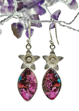 Load image into Gallery viewer, Pink Opal &amp; Oyster Turquoise Flower Earrings, Sterling Silver, Marquise Shaped, Love Stone, Copper Turquoise