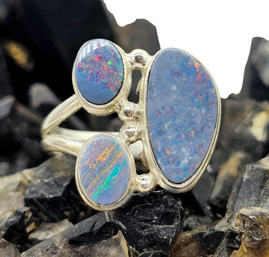 Australian Opal Ring with three Stones, October Birthstone, Size N, Sterling Silver, Aura Gem, Psychic Gem