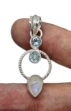 Load image into Gallery viewer, Rainbow Moonstone &amp; Blue Topaz Pendant, Sterling Silver, June and December Birthstones, Ethereal Blue Fire - GemzAustralia 
