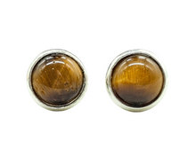 Load image into Gallery viewer, Round Tiger's Eye Studs, Sterling Silver, Kundalini Awakening, Courage Gemstone, Protection - GemzAustralia 