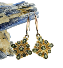 Load image into Gallery viewer, Multi-Stone Peridot Earrings, Gold Plated Sterling Silver, August Birthstone, Geometric Diamond Shaped Design - GemzAustralia 