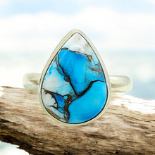 Load image into Gallery viewer, Ice Blue Dahlia Turquoise Ring, Size 10.75, Sterling Silver, Pear Shape, Copper Turquoise, Protection, Love Stone