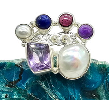 Load image into Gallery viewer, Handcrafted Statement Amethyst, Pearl, Garnet, Lapis Lazuli Ring, Size 7.5, Sterling Silver