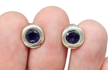 Load image into Gallery viewer, Iolite Studs, Water Sapphire, Round Faceted, Sterling Silver, Blue Violet Gemstone, Connects to Angels, Viking&#39;s Compass - GemzAustralia 