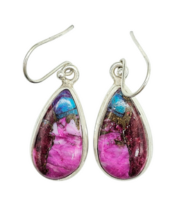 Oyster Turquoise & Pink Opal Earrings, Sterling Silver, Pear Shaped, Hot Pink Gemstone, Spiny Oyster Shell, Courage Stone - GemzAustralia 