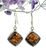 Load image into Gallery viewer, Baltic Amber Earrings, Diamond Shape, millions of years old, Sterling Silver, Fossilized Tree Resin, Cognac Amber
