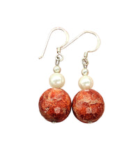 Load image into Gallery viewer, Sponge Coral &amp; Freshwater Pearl Earrings, Sterling Silver, Orange Red Coral, Love and Prosperity