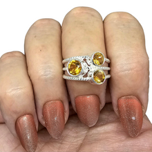 Load image into Gallery viewer, Three Stone Citrine Ring, Size P 1/2, Sterling Silver, Round Faceted, November Birthstone, Abundance Gem - GemzAustralia 