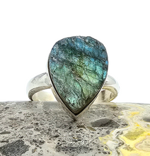 Load image into Gallery viewer, Rough Labradorite Ring, Size 9, Sterling Silver, Pear Shaped, Blue Green Labradorite, Deflects unwanted Energy - GemzAustralia 