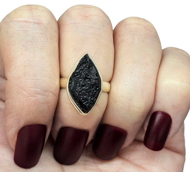Black Tektite Ring, Size 5.75, Sterling Silver, Meteorite Stone, Aries & Cancer Zodiac, Extraterrestrial Origin - GemzAustralia 