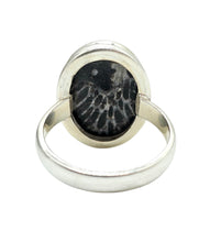 Load image into Gallery viewer, Stingray Coral Ring, Size 8, Oval Shaped, Sterling Silver, Black and White Coral, Fossilized, Honeycomb Pattern