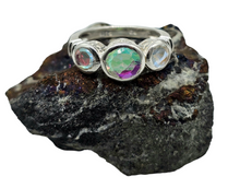 Load image into Gallery viewer, Rainbow Mystic Topaz Ring, Trilogy Ring, Sterling Silver, Round Shaped, Fire Topaz, Rainbow Topaz, Alaskan Ice, 3 Sizes - GemzAustralia 