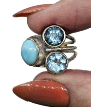 Load image into Gallery viewer, Larimar &amp; Blue Topaz Ring, Size 7.25, Three Stone Ring, Dolphin Stone, Atlantis Stone, December Birthstone, Sterling Silver