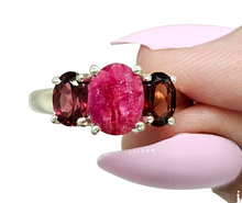 Load image into Gallery viewer, Ruby &amp; Garnet Three Stone Ring, Size 9, Sterling Silver, July and January Birthstones, Energy Stone