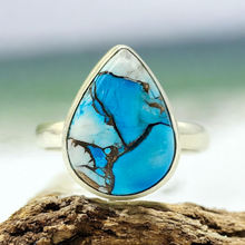Load image into Gallery viewer, Ice Blue Dahlia Turquoise Ring, Size 10.75, Sterling Silver, Pear Shape, Copper Turquoise, Protection, Love Stone