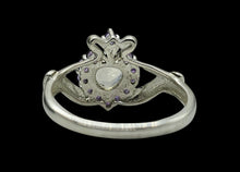 Load image into Gallery viewer, Rainbow Moonstone &amp; Amethyst Claddagh Ring, Size 9, Sterling Silver, Natural Gemstones, Symbol of Love, Friendship and Loyalty