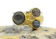 Load image into Gallery viewer, Three Stone Labradorite Ring, Size P 1/2, Blue Labradorite, Magic Stone, Protection Stone, Two Tone Ring, Wide Band - GemzAustralia 