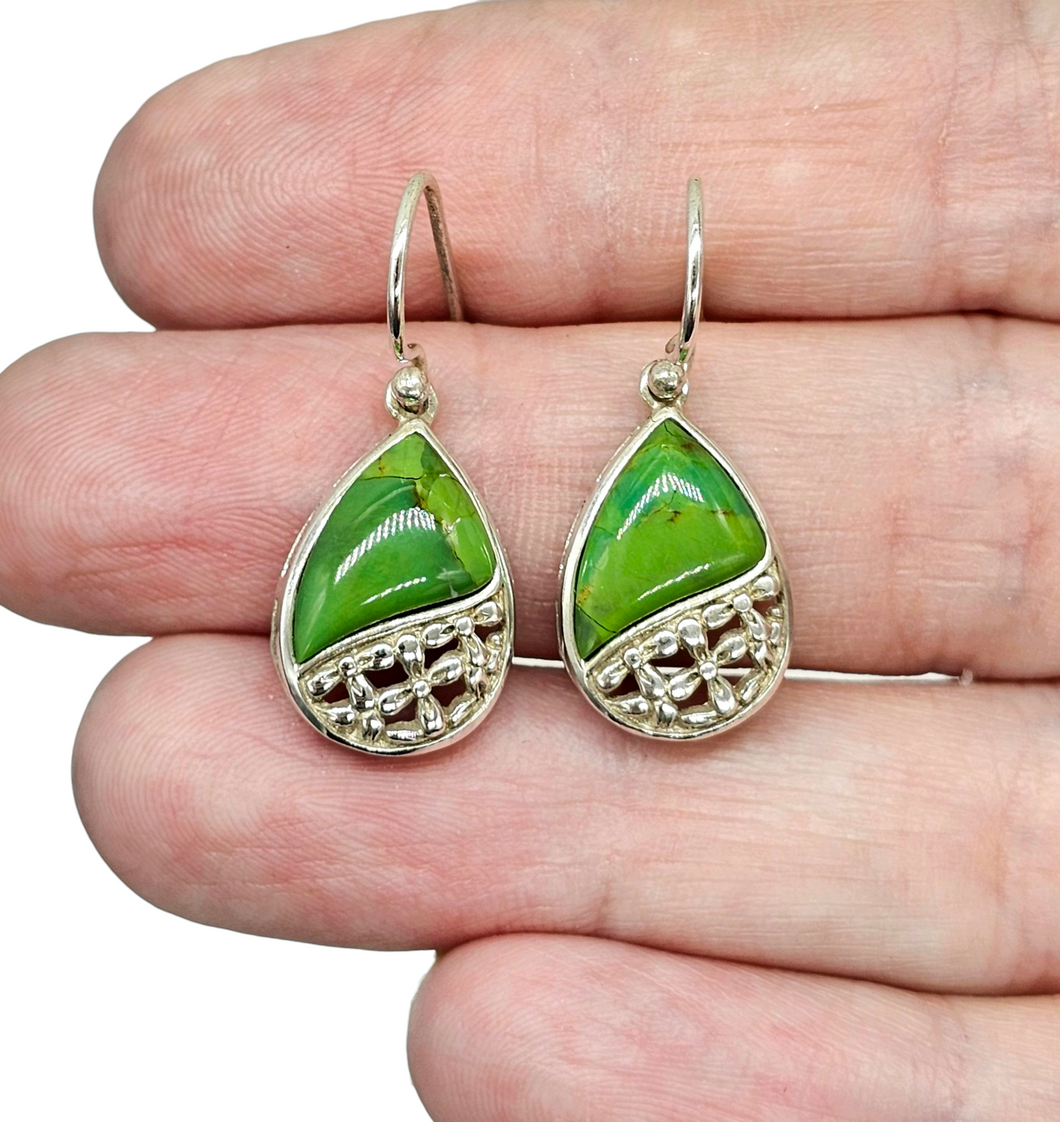 Green Mojave Turquoise Earrings, Pear Shaped, Sterling Silver, Protection Stone, Connects with Great Spirit of the Sky, Power Stone