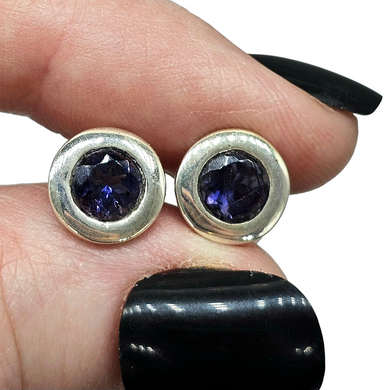 Iolite Studs, Water Sapphire, Round Faceted, Sterling Silver, Blue Violet Gemstone, Connects to Angels, Viking's Compass - GemzAustralia 