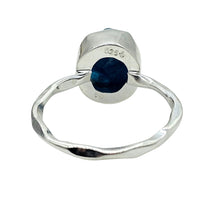 Load image into Gallery viewer, Raw Neon Blue Apatite Ring, Size R, Sterling Silver, Hammered Band, Rough Stone, Electric Blue Gemstone