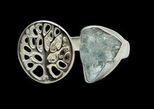 Load image into Gallery viewer, Rough Aquamarine &amp; Tree of Life Ring, Size 7, Sterling Silver, March Birthstone, Pale Blue Gemstone, Divine Communication