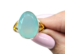 Load image into Gallery viewer, Blue Chalcedony Ring, Size 7.75, two tone ring, Oval Faceted, Sterling Silver, Ethereal soft Blue Translucence, Creative Stone - GemzAustralia 