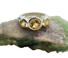 Load image into Gallery viewer, Citrine Trilogy Ring, Size 7, Sterling Silver, Three Stone Ring, November Birthstone, Artisanal Design - GemzAustralia 