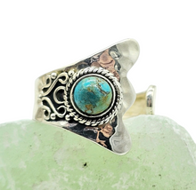 Load image into Gallery viewer, Blue Green Turquoise Ring, Adjustable, Sterling Silver, Round Shaped, Protection Stone, Love Stone, December Birthstone