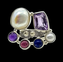 Load image into Gallery viewer, Handcrafted Statement Amethyst, Pearl, Garnet, Lapis Lazuli Ring, Size 7.5, Sterling Silver