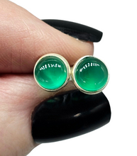 Load image into Gallery viewer, Green Chalcedony Studs, Round Cabochon stud Earrings, Sterling Silver, Chrysoprase Stud Earrings, Positive outlook Gem - GemzAustralia 