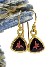 Load image into Gallery viewer, Garnet Trillion Earrings, Gold Plated Sterling Silver, January Birthstone, 7 carats, 2nd Anniversary