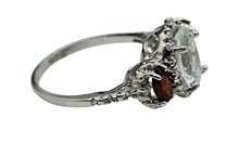 Load image into Gallery viewer, Aquamarine &amp; Garnet Three Stone Ring, Size 6 1/4, Sterling Silver, Vintage Inspired, March and January Birthstones