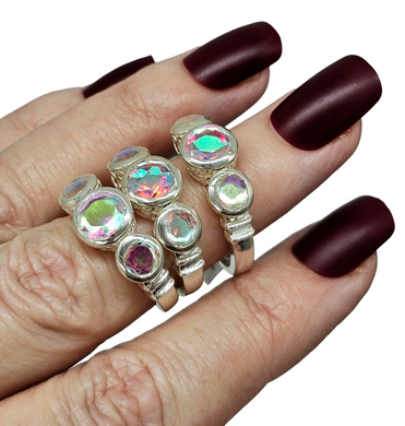 Rainbow Mystic Topaz Ring, Trilogy Ring, Sterling Silver, Round Shaped, Fire Topaz, Rainbow Topaz, Alaskan Ice, 3 Sizes - GemzAustralia 