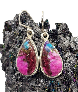 Oyster Turquoise & Pink Opal Earrings, Sterling Silver, Pear Shaped, Hot Pink Gemstone, Spiny Oyster Shell, Courage Stone - GemzAustralia 